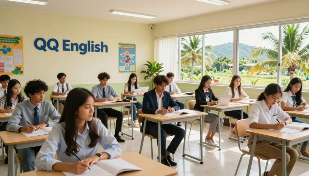 A modern English language school, QQ English, set in the vibrant landscape of the Philippines. In the foreground, diverse students of various ethnicities, all dressed in professional business attire, engage in interactive lessons, showcasing their enthusiasm for learning. In the middle ground, an inviting classroom with large windows allowing natural sunlight to flood in, decorated with educational posters and plants. The background features a beautiful tropical setting with palm trees and distant hills, symbolizing the lively atmosphere of the Philippines. Soft, warm lighting enhances the scene, creating a welcoming and inspiring ambiance. The image captures the essence of a dynamic learning environment focused on English language education.