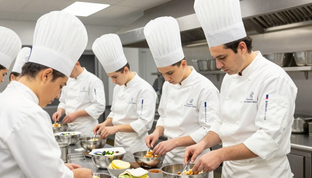 Le Cordon Bleu culinary students practicing French cuisine techniques in professional kitchen