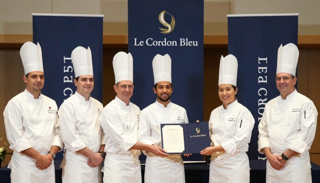 Le Cordon Bleu diploma ceremony with graduates in chef uniforms receiving certificates