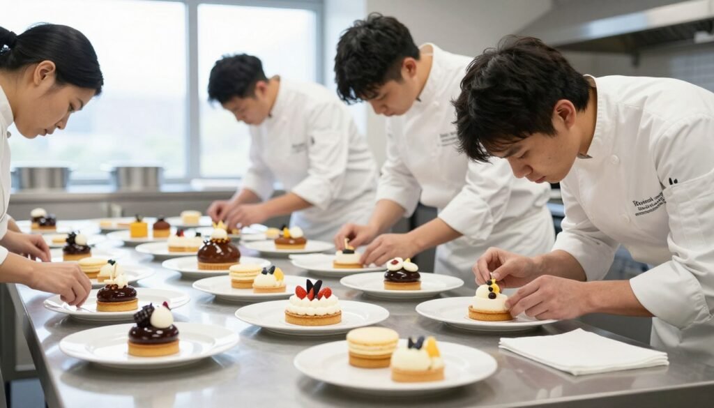 Le Cordon Bleu pastry students creating intricate desserts and French patisserie