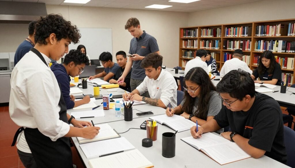 Le Cordon Bleu students in daily activities, studying, cooking, socializing